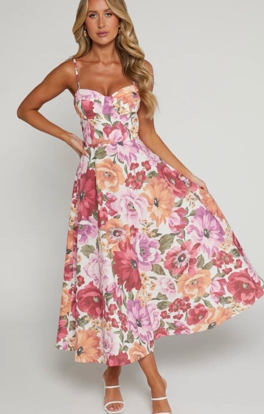 NWOT Showpo Robertson Floral Bustier Corset Midi Dress Pink US 8
